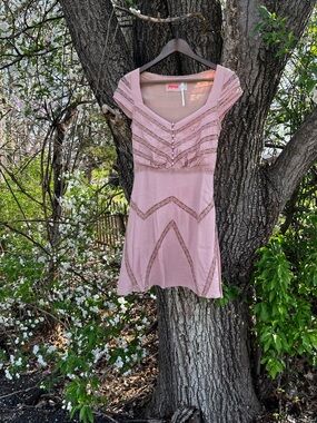 Free People Mauve Lace Trim Mini Dress XS Boho Romantic Button Front